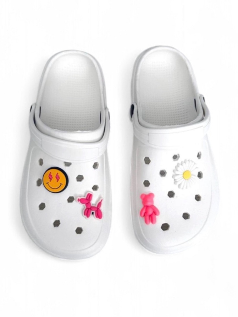 White Clogs with multi-coloured removable charms